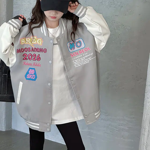 黑恐龙棒球服 拼色毛呢刺绣拼皮夹克女中大童休闲 儿童款