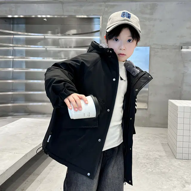 黑恐龙棉衣 男童加绒加厚夹棉连帽派克服