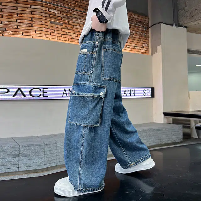 黑恐龙牛仔裤 男童秋季时髦酷帅工装长裤