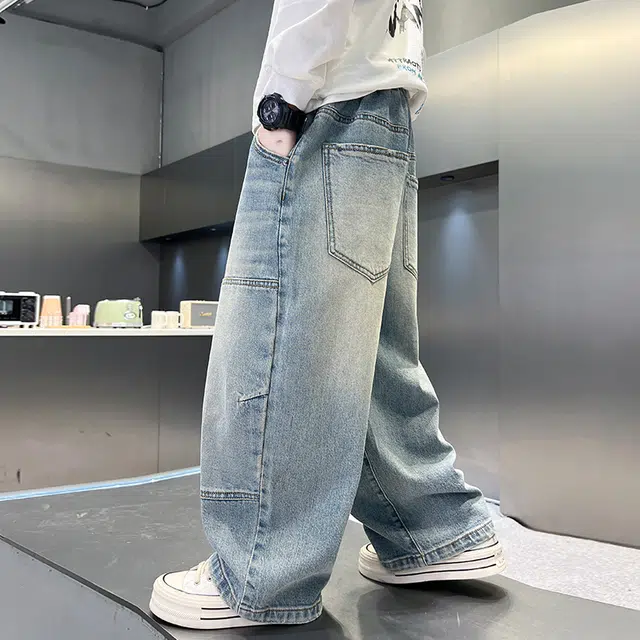 黑恐龙牛仔裤 男童痞帅春秋款裤子儿童秋装洋气宽松秋季直筒 男女同款