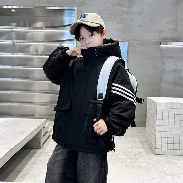 黑恐龙棉衣 男童加绒加厚夹棉连帽派克服