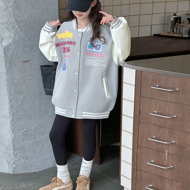 黑恐龙棒球服 拼色毛呢刺绣拼皮夹克女中大童休闲 儿童款