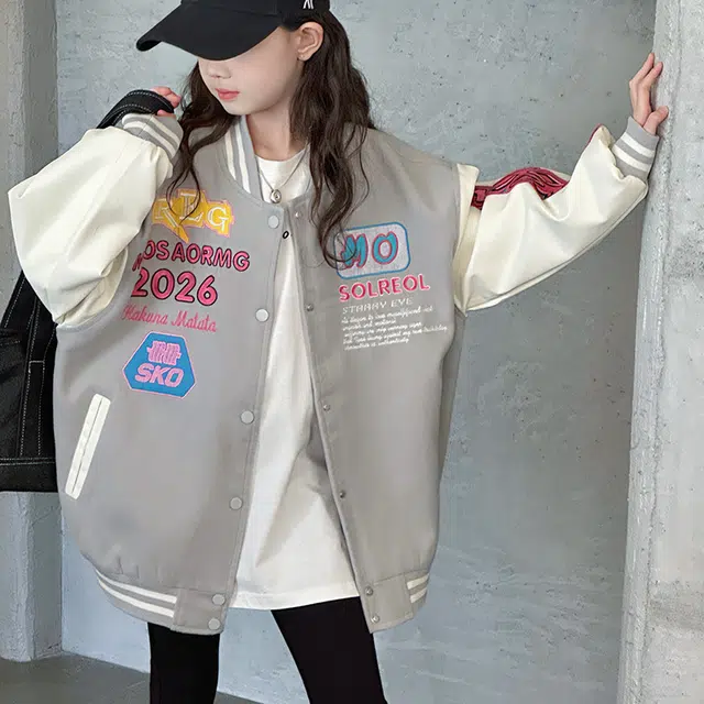 黑恐龙棒球服 拼色毛呢刺绣拼皮夹克女中大童休闲 儿童款