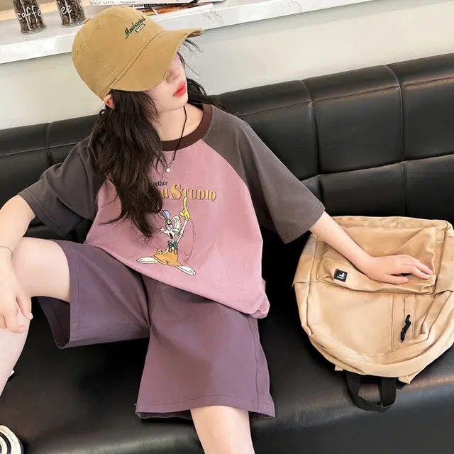 儿童款 蓝精灵 圆领字母卡通小兔子图案舒适简约舒适插肩短袖松紧腰纯色短裤休闲运动套装 紫色