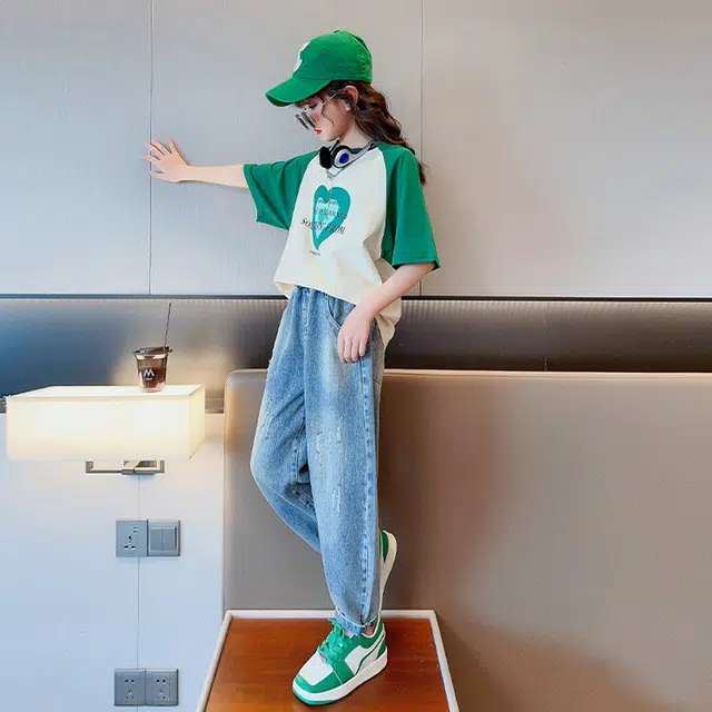 大童 蓝精灵 圆领舒适短袖上衣亲肤柔软纯色长裤休闲运动套装 白色