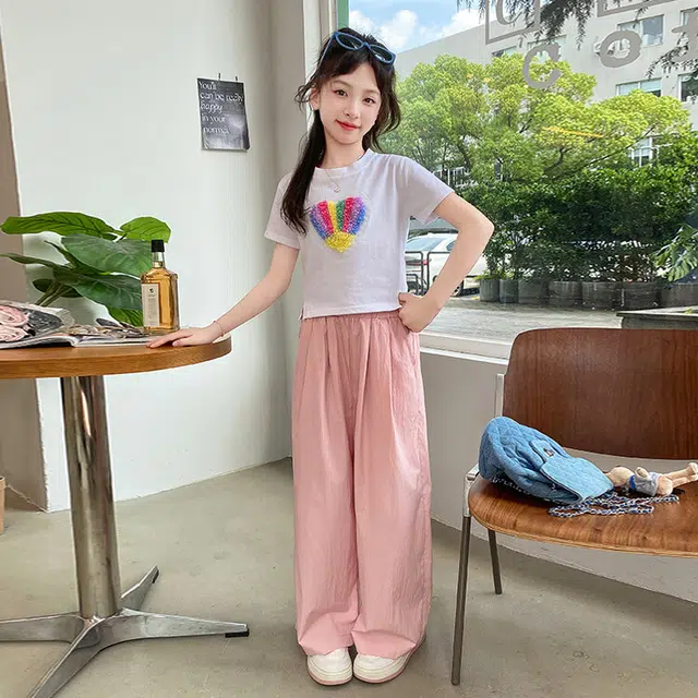 大童 蓝精灵 圆领彩色花瓣爱心图案舒适短袖松紧腰纯色简约宽松长裤休闲运动套装 白色