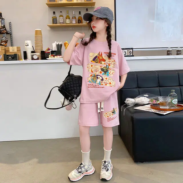 大童 蓝精灵 圆领字母动物图案舒适落肩短袖系带简约短裤休闲运动套装