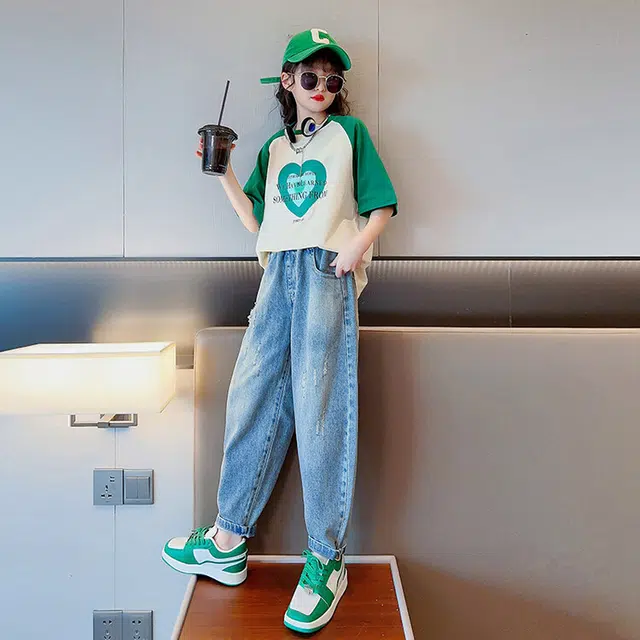 大童 蓝精灵 圆领舒适短袖上衣亲肤柔软纯色长裤休闲运动套装 白色