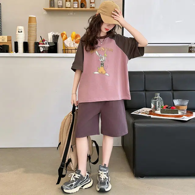 儿童款 蓝精灵 圆领字母卡通小兔子图案舒适简约舒适插肩短袖松紧腰纯色短裤休闲运动套装 紫色