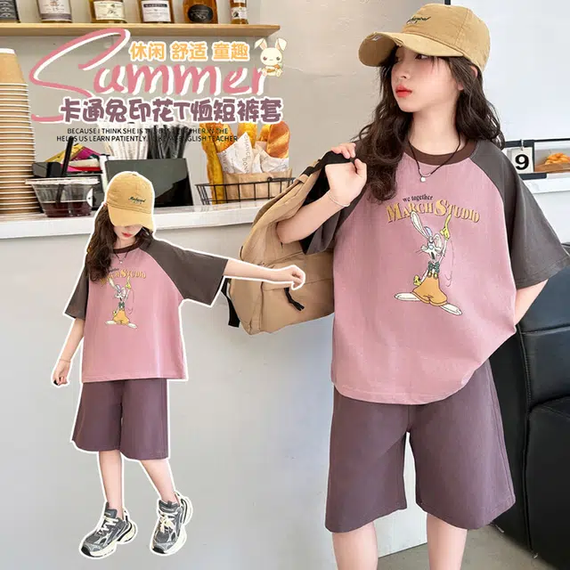 儿童款 蓝精灵 圆领字母卡通小兔子图案舒适简约舒适插肩短袖松紧腰纯色短裤休闲运动套装 紫色