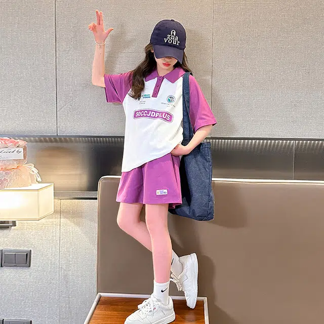 大童 蓝精灵 字母印花套头插肩短袖上衣松紧腰百搭短裤休闲运动套装 粉