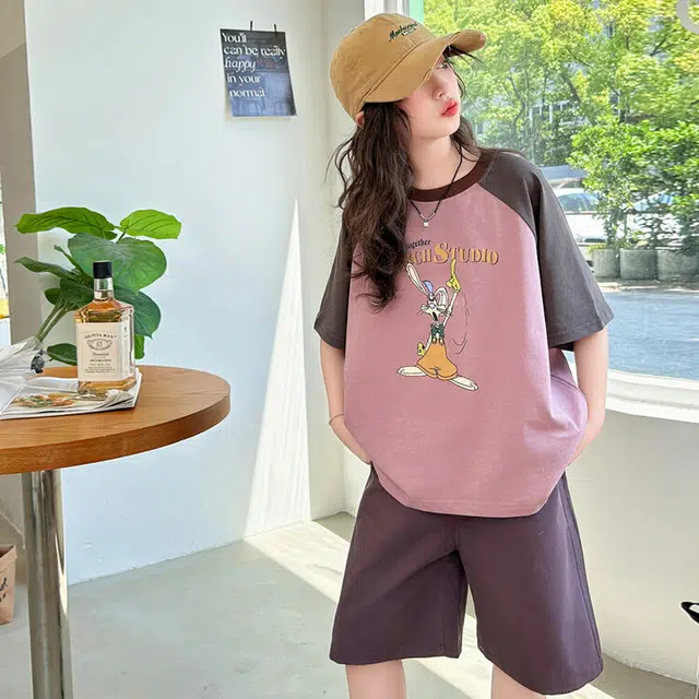 儿童款 蓝精灵 圆领字母卡通小兔子图案舒适简约舒适插肩短袖松紧腰纯色短裤休闲运动套装 紫色