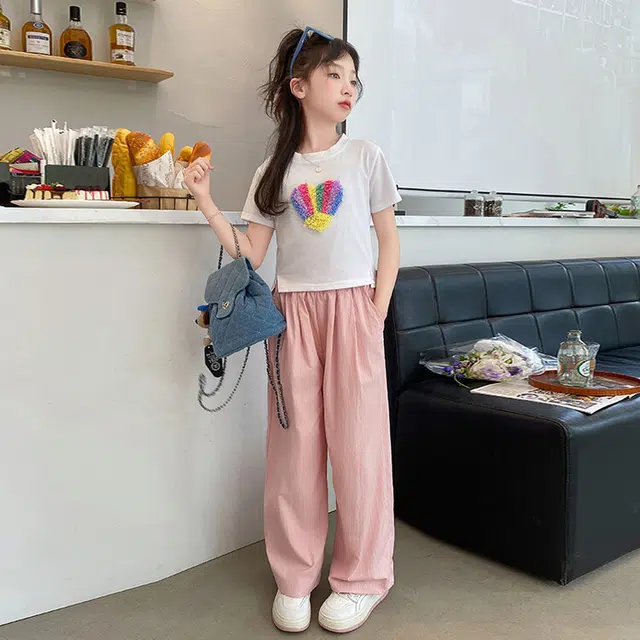 大童 蓝精灵 圆领彩色花瓣爱心图案舒适短袖松紧腰纯色简约宽松长裤休闲运动套装 白色
