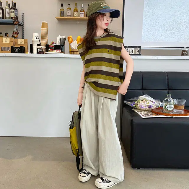 大童 蓝精灵 圆领舒适无袖上衣纯色亲肤长裤休闲运动套装