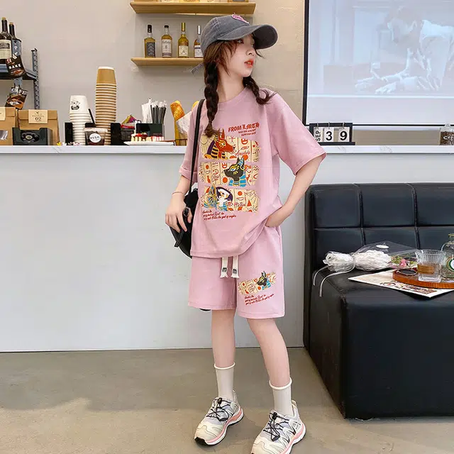 大童 蓝精灵 圆领字母动物图案舒适落肩短袖系带简约短裤休闲运动套装