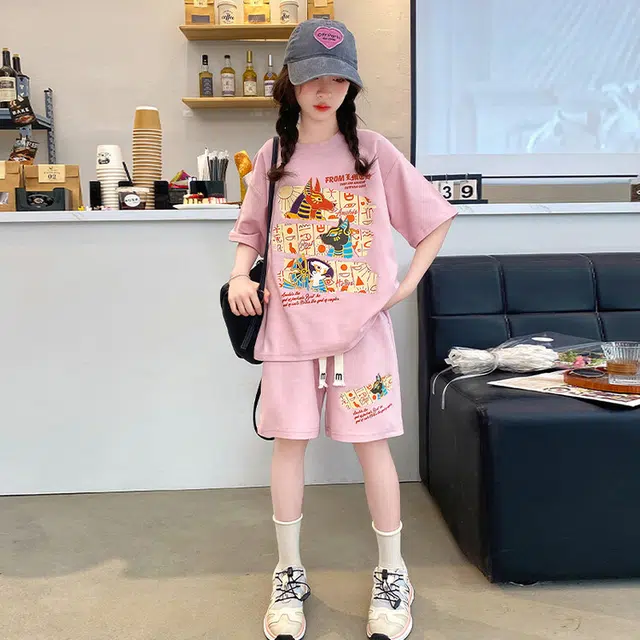 大童 蓝精灵 圆领字母动物图案舒适落肩短袖系带简约短裤休闲运动套装
