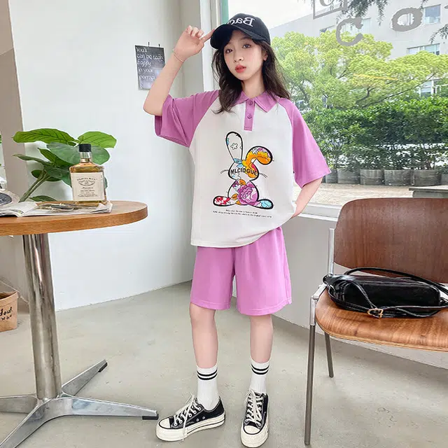 大童 蓝精灵 卡通字母拼色套头短袖上衣松紧腰百搭短裤休闲运动套装 谈紫色