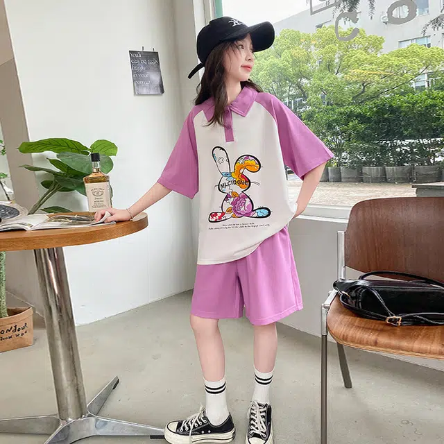 大童 蓝精灵 卡通字母拼色套头短袖上衣松紧腰百搭短裤休闲运动套装 谈紫色