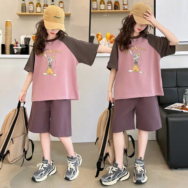 儿童款 蓝精灵 圆领字母卡通小兔子图案舒适简约舒适插肩短袖松紧腰纯色短裤休闲运动套装 紫色
