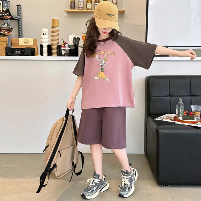 儿童款 蓝精灵 圆领字母卡通小兔子图案舒适简约舒适插肩短袖松紧腰纯色短裤休闲运动套装 紫色