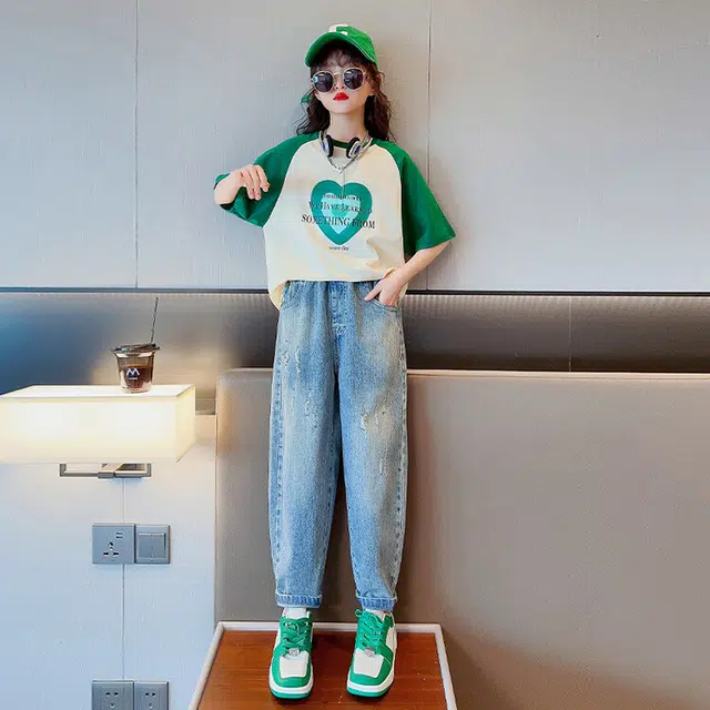 大童 蓝精灵 圆领舒适短袖上衣亲肤柔软纯色长裤休闲运动套装 白色