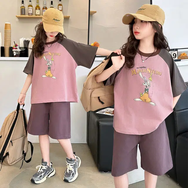 儿童款 蓝精灵 圆领字母卡通小兔子图案舒适简约舒适插肩短袖松紧腰纯色短裤休闲运动套装 紫色