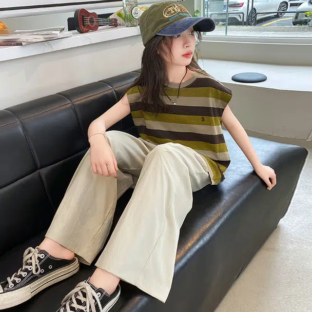 大童 蓝精灵 圆领舒适无袖上衣纯色亲肤长裤休闲运动套装