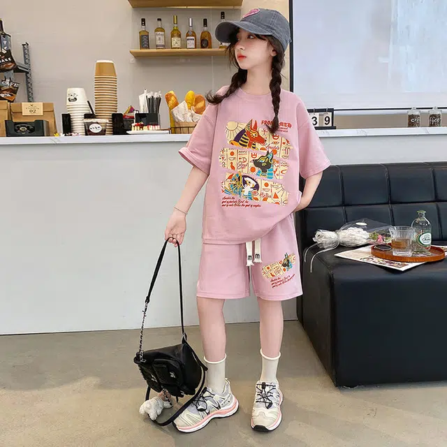 大童 蓝精灵 圆领字母动物图案舒适落肩短袖系带简约短裤休闲运动套装