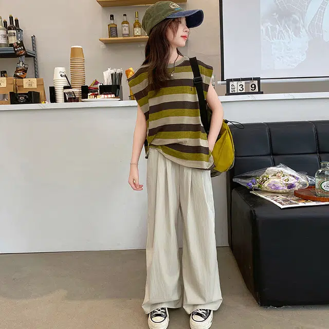大童 蓝精灵 圆领舒适无袖上衣纯色亲肤长裤休闲运动套装