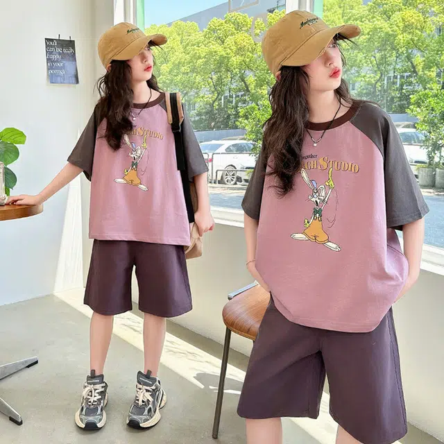 儿童款 蓝精灵 圆领字母卡通小兔子图案舒适简约舒适插肩短袖松紧腰纯色短裤休闲运动套装 紫色