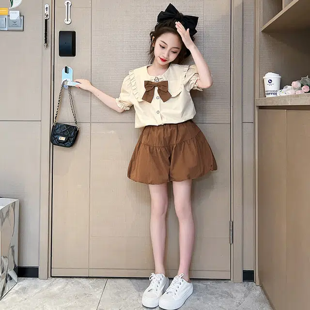 大童 蓝精灵 简约单排扣翻领套头短袖上衣松紧腰百搭短裤休闲运动套装 杏色