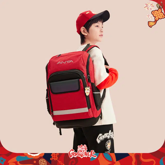 安踏儿童 平衡减压防泼水 涤纶织物 童包 中号 青少年 红色
