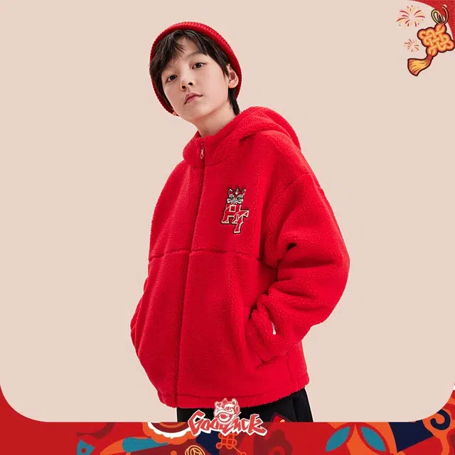 安踏儿童上装 连帽简约舒适长袖 红色 青少年