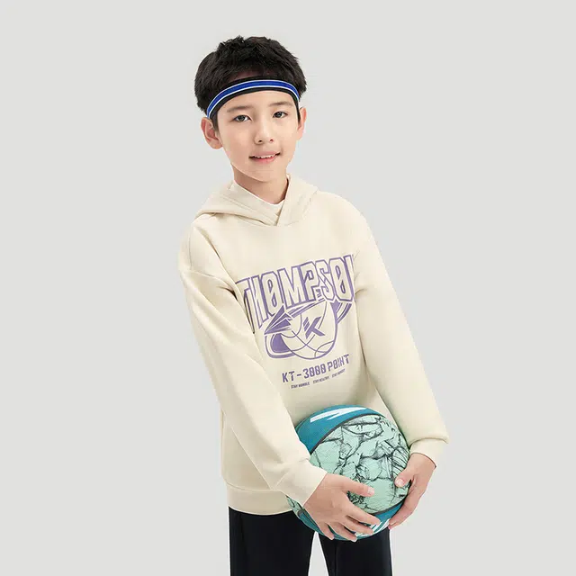 安踏儿童 篮球系列 美式复古字母印花连帽舒适透气加绒卫衣 浮尘灰 青少年
