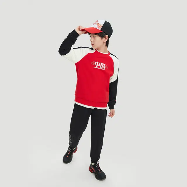 安踏儿童 拼接汉字圆领舒适透气卫衣字母中腰长裤休闲运动套装青少年