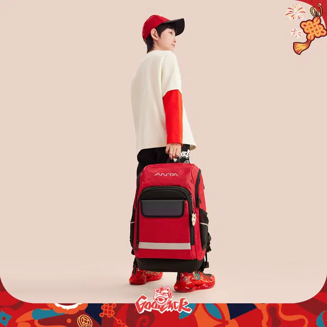 安踏儿童 平衡减压防泼水 涤纶织物 童包 中号 青少年 红色