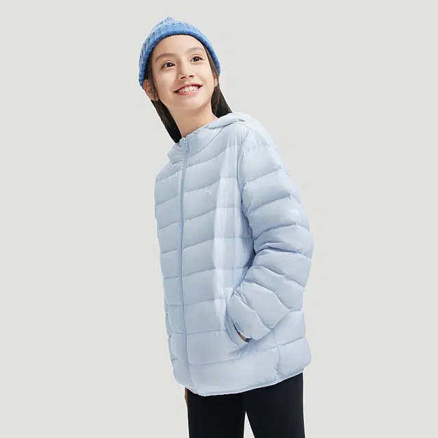 青少年 安踏儿童 轻暖系列柔软舒适连帽羽绒服 浅明蓝色