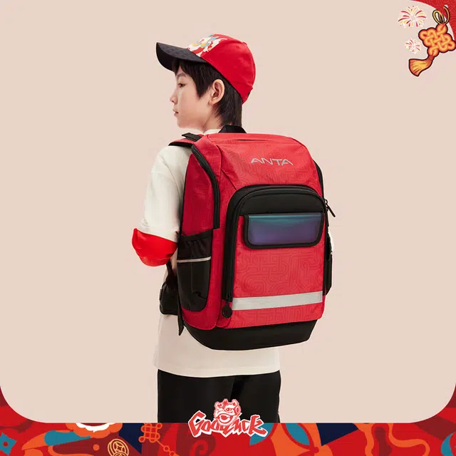 安踏儿童 平衡减压防泼水 涤纶织物 童包 中号 青少年 红色