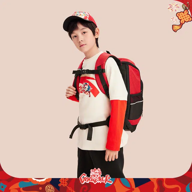 安踏儿童 平衡减压防泼水 涤纶织物 童包 中号 青少年 红色