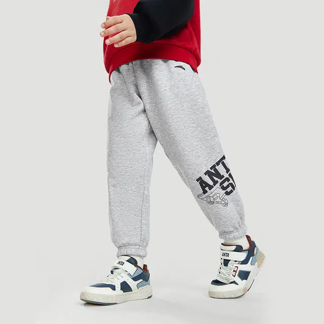 安踏儿童 字母中腰舒适透气百搭加绒保暖束脚针织运动裤 浅花灰青少年