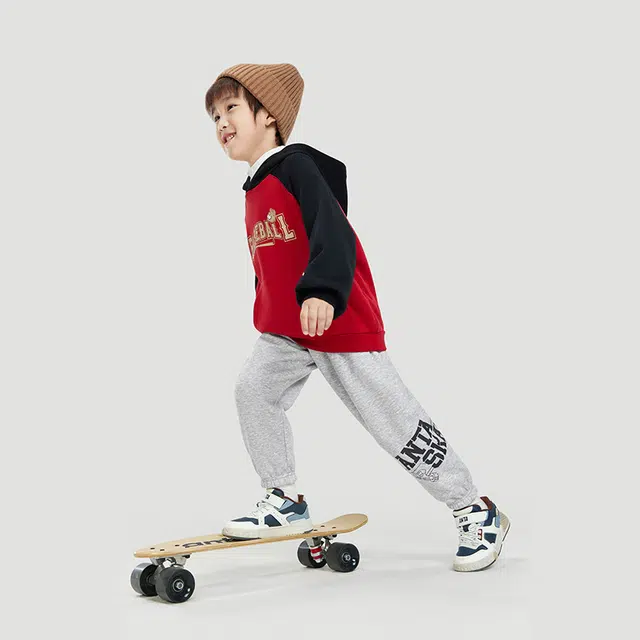 安踏儿童 字母中腰舒适透气百搭加绒保暖束脚针织运动裤 浅花灰青少年