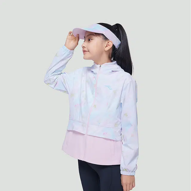 安踏儿童 撞色拼接长袖连帽休闲夹克外套 儿童款 纯净白/暖居粉