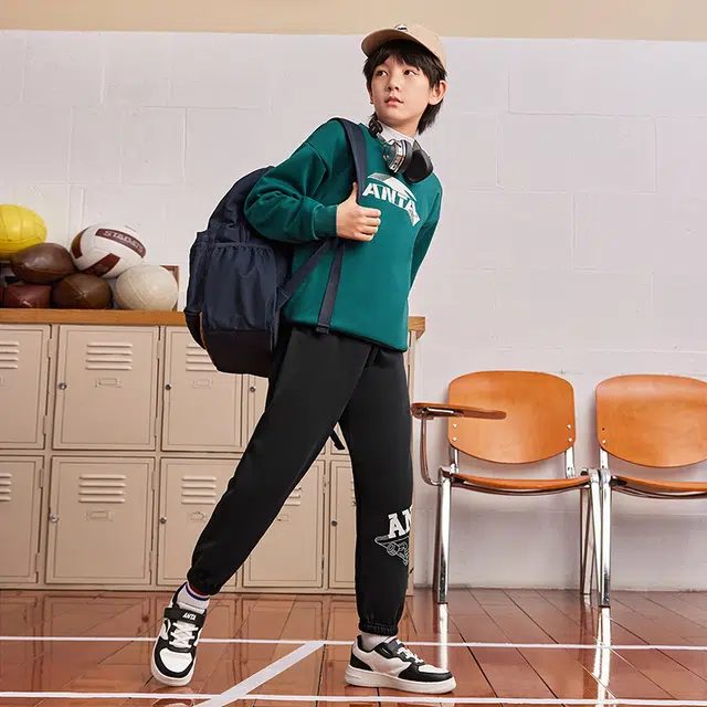 安踏儿童 字母中腰舒适透气百搭加绒保暖束脚针织运动裤 梦幻黑青少年