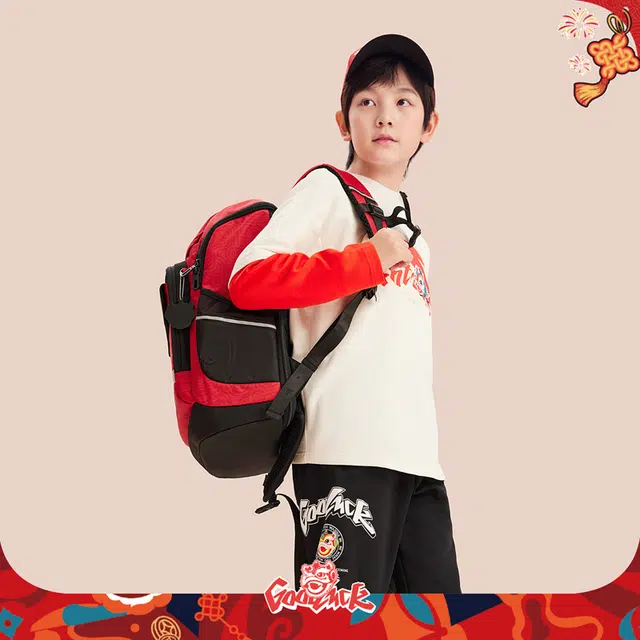 安踏儿童 平衡减压防泼水 涤纶织物 童包 中号 青少年 红色