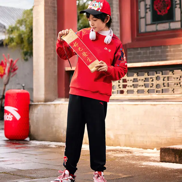 青少年 安踏儿童针织运动裤 时尚卡通印花舒适百搭 黑色