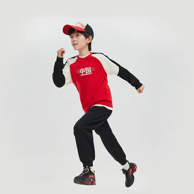安踏儿童 拼接汉字圆领舒适透气卫衣字母中腰长裤休闲运动套装青少年