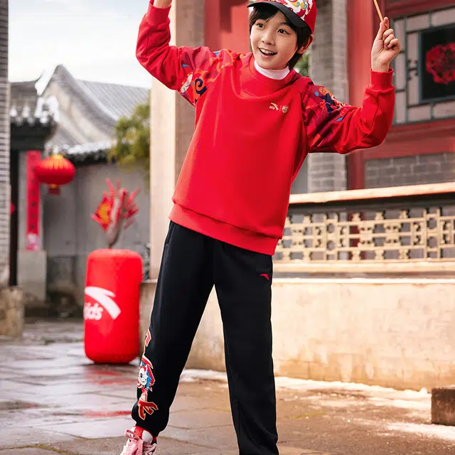 青少年 安踏儿童针织运动裤 时尚卡通印花舒适百搭 黑色