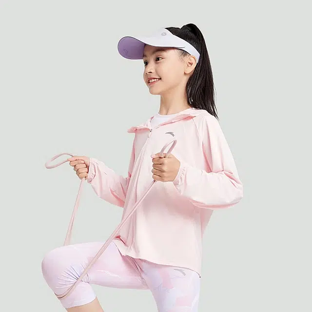 儿童款 安踏儿童 小光甲 纯色拉链连帽运动长袖防晒服 浣纱粉