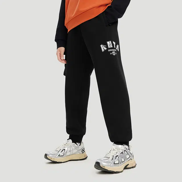 安踏儿童 字母中腰舒适透气加绒保暖束脚针织运动裤 梦幻黑青少年