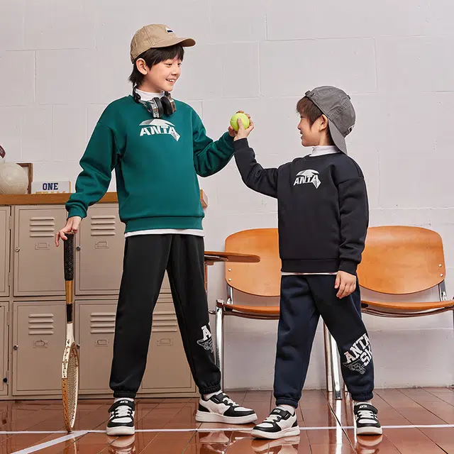 安踏儿童 字母中腰舒适透气百搭加绒保暖束脚针织运动裤 梦幻黑青少年